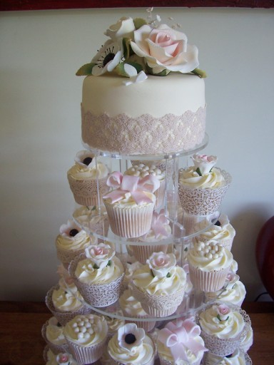 Antique Lace Pink and Cream wedding cupcake tower