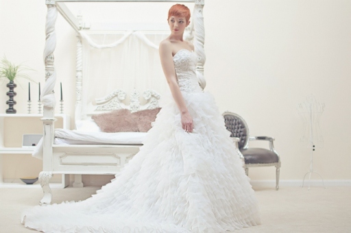 Ruched Beaded Tulle Bodice and Ruffled Tulle Skirt Wedding Dress