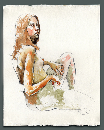 Amor Seated, nude watercolour