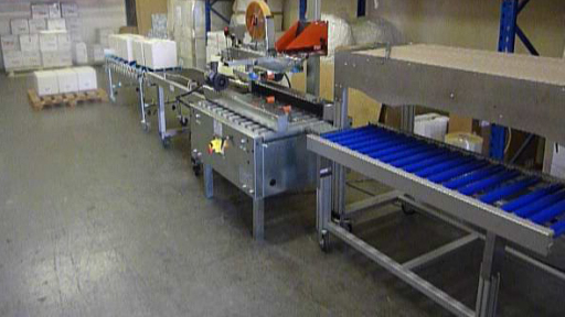 Complete 'end-of-line' production line withr recirculator, case taper and outer case print and apply
