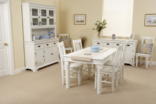 Kristina white painted dining furniture, living room furniture and bedroom furniture.