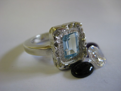 silver hand carved stone set ring