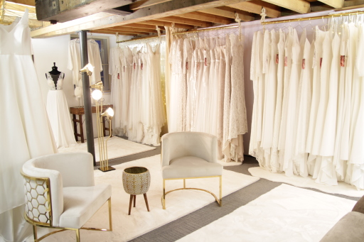 Inside Yes Bridal Studio showing wedding dresses
