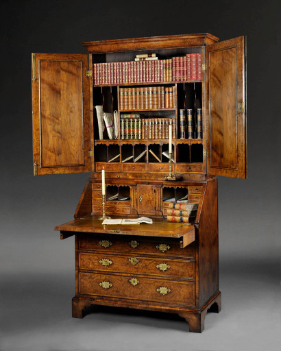 George I Period Burr Walnut Bureau Bookcase