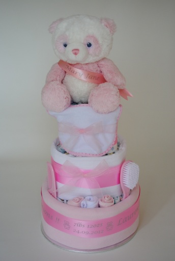 3 Tier nappy cake in pink for a new baby girl.