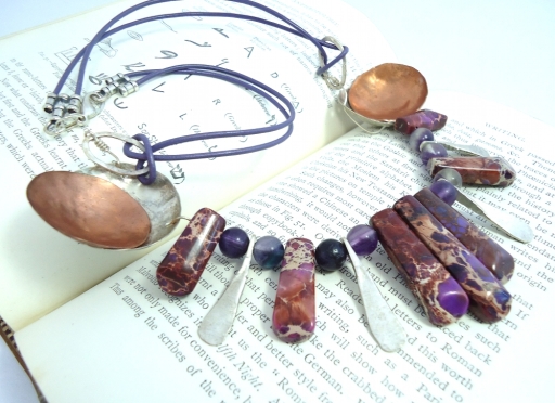 Statement necklace in purple agate cabochons and sterling silver and copper