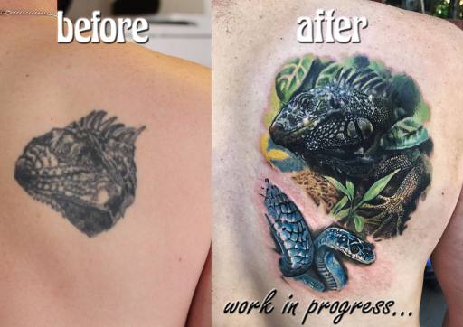 Iguana Tattoo cover up London Blue Lady Tattoo