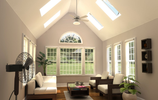 Sunroom with a vaulted ceiling and a glass gable wall
