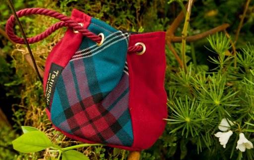 Clootie bag in Edinburgh University tartan and cherry red moleskin.