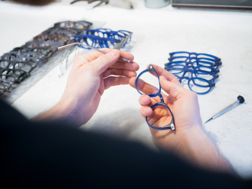 Assembling-blue-acetate-spectacle-frames-at-Banton-Frameworks