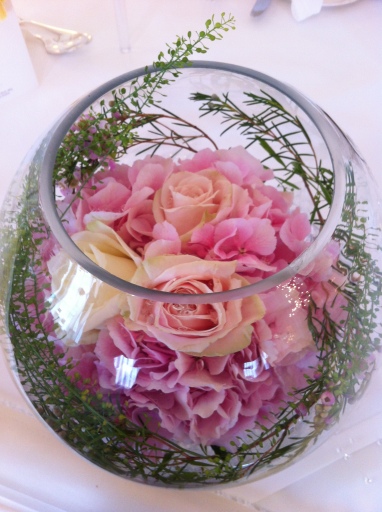 beautiful hydrangea, peach rose and soft foliage fish bowl