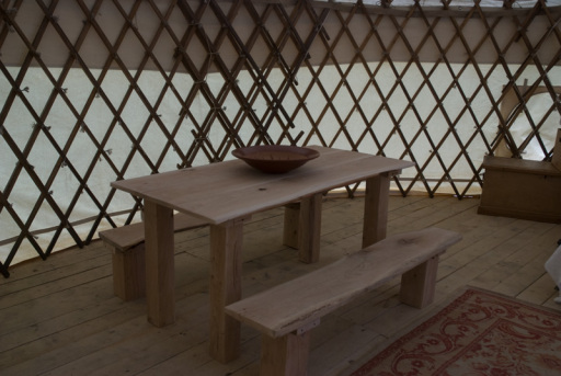 Handmade oak talbe at Yurt holidays at Yalding, Kent