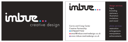Imbue Creative Design business card - graphic design and photo restoration services