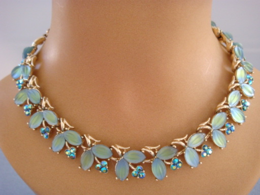 1960s jewelled collar with frosted glass leaves and austrian crystal flowers - by USA designers Coro