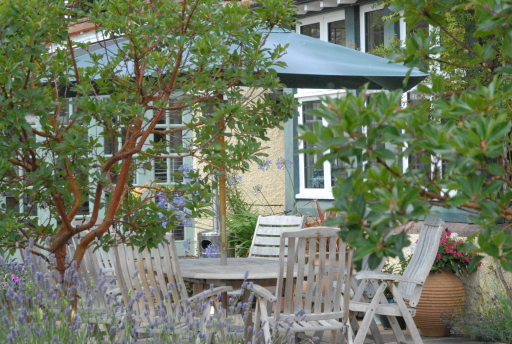 Relaxed seating area in poolside setting.