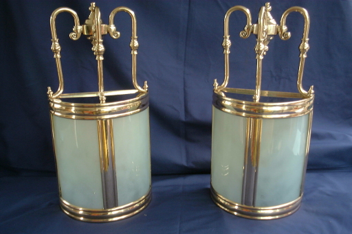 Brass Hall Lights with curved frosted glass. Restored.