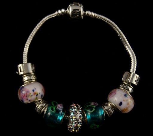 925 Silver European Bracelet with 925 Silver Core Glass Beads and SIlver plated charms