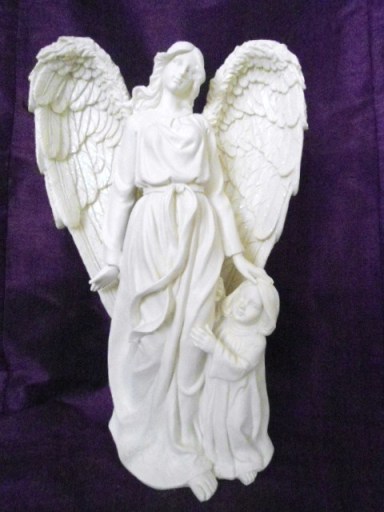 A beautiful cream angel figurine &amp; child, with feathered wings and a sprinkling of angel dust!