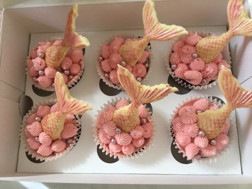 NightOwl Cakery - Mermaid cupcakes in coral pink.
