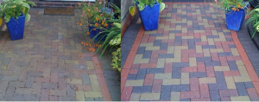 before and after picture of block paving driveway