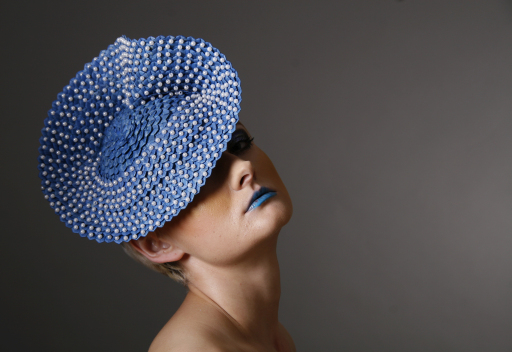 Hand sewn blue strip straw with pearls
