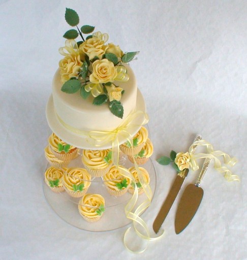 Yellow Rose Themed Wedding Cake and Cupcakes