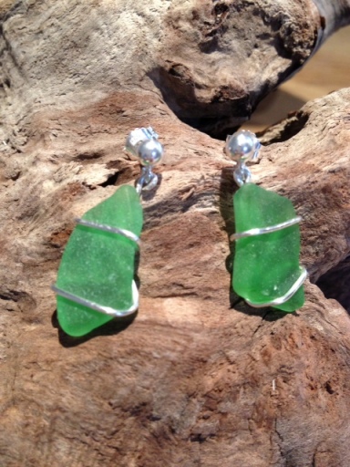 Green handmade seaglass earrings