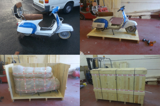 The crating process when shipping a motorcycle or scooter.