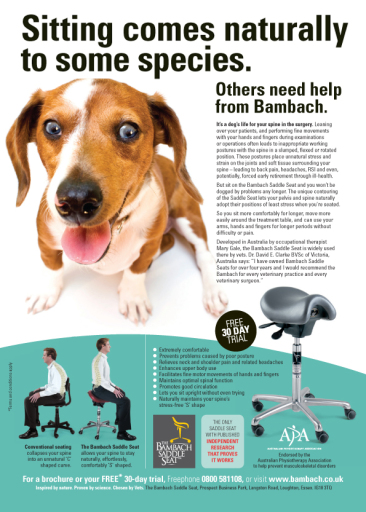 Advertising The Bambach Saddle Seat in veterinary trade magazines