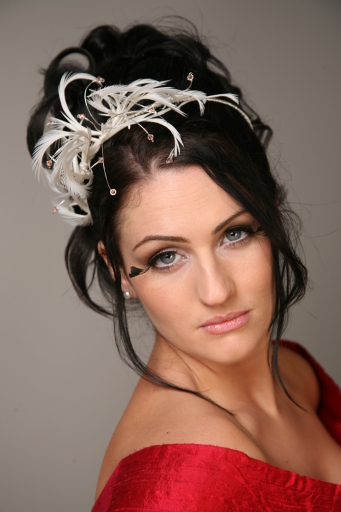 Feather fascinator with soft goose biots and sprays of crystals.