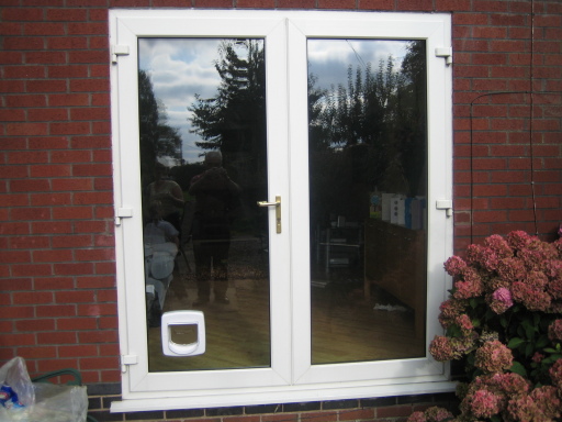 catflap fitted through the glass of a french door