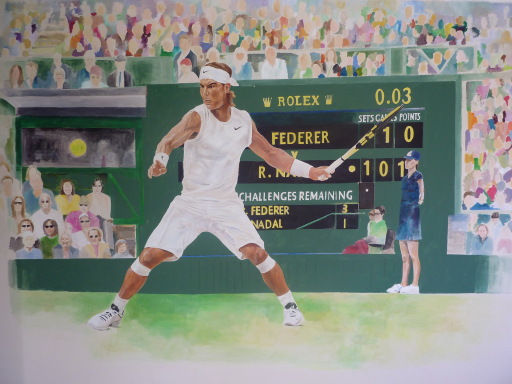 Large wall painting of Nadal v Federer at Wimbledon (12'x7')