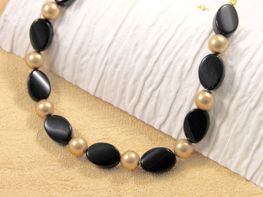 Classic Gold Necklace - Swarovski Glass Pearls &amp; Black Obsidian Necklace