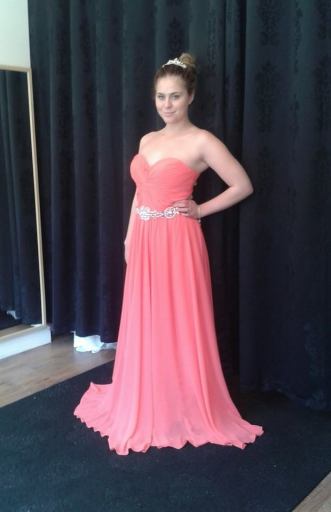 Jimell� coral chiffon crystal embellished evening dress, ball gown at The Dressy Dress Shop