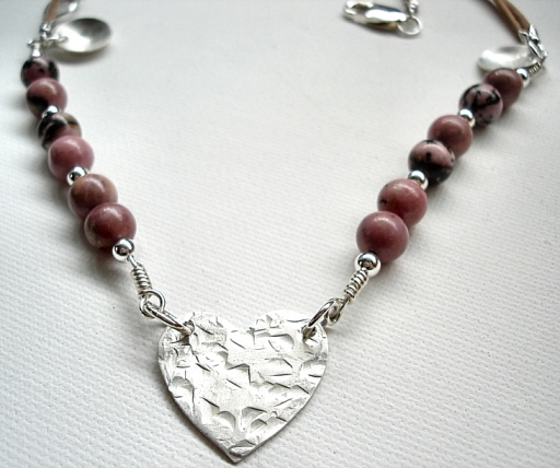 Rhodonite with silver heart necklace: handmade