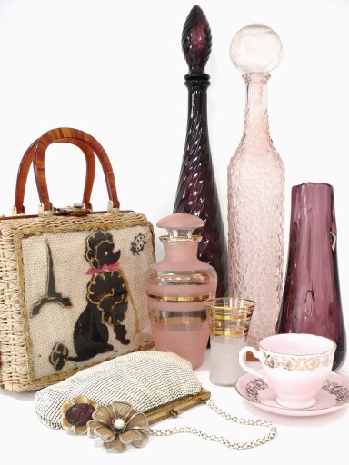 Vintage glassware, handbags and jewellery