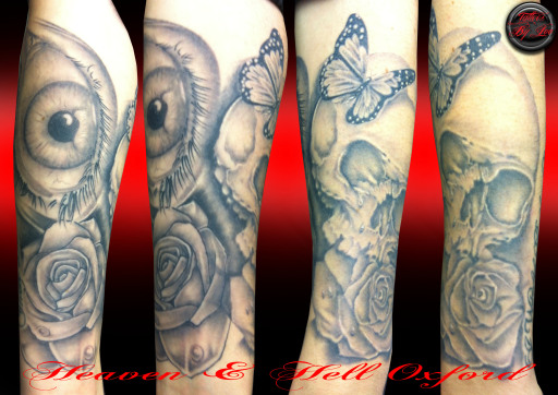 full sleeve designed an tattooed by Lee Wilkins @ heaven and hell tattoo oxford