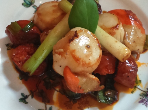 Seared Scallops, Chorizo, Spring Onion, Honey-Soy glaze