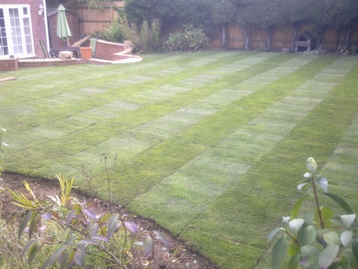 Turfing and grass seeding.