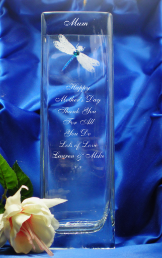 One of our personalised engraved vases with a hand painted dragonfly design and Swarovski crystal