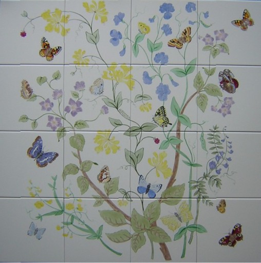 Hand painted kitchen panel of flowers and butterflies