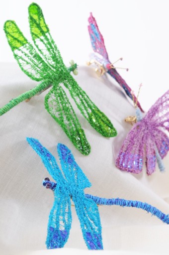 Dragonfly and butterfly textile brooches