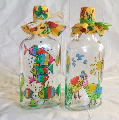 Hand painted glass bottles.