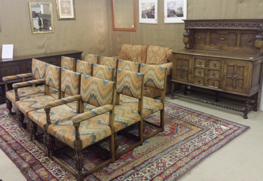 Set of antique dining chairs on display at Hunwick Interiors Antique Shop Colchester