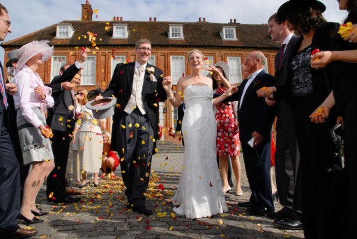 Walking through a confetti aisle at Bradenham Manor