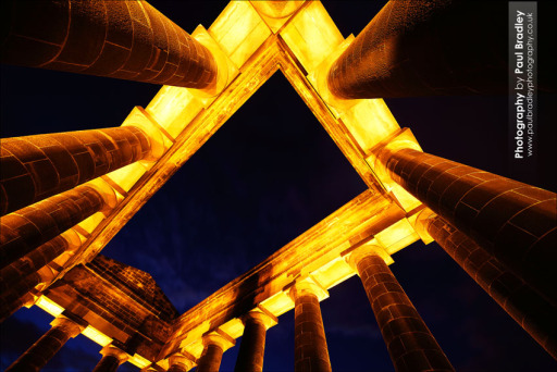 Penshaw Monument (North East England) lit by floodlights, dusk