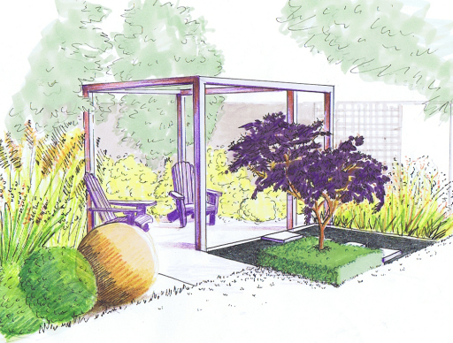 Contemporary pergola and pond design for small urban family garden