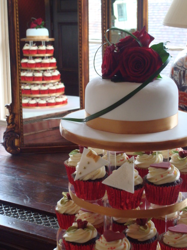 Stunning Red and Gold Wedding Cupcake Tower