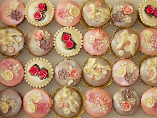 Vintage Cup cakes decorated with roses, and pearls