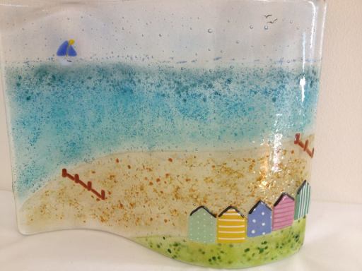 Beach hut free standing fused glass art wave